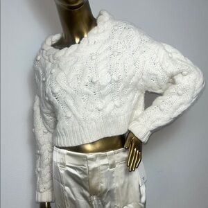 LoveShackFancy Off-Shoulder White Knitted Crop Sweater